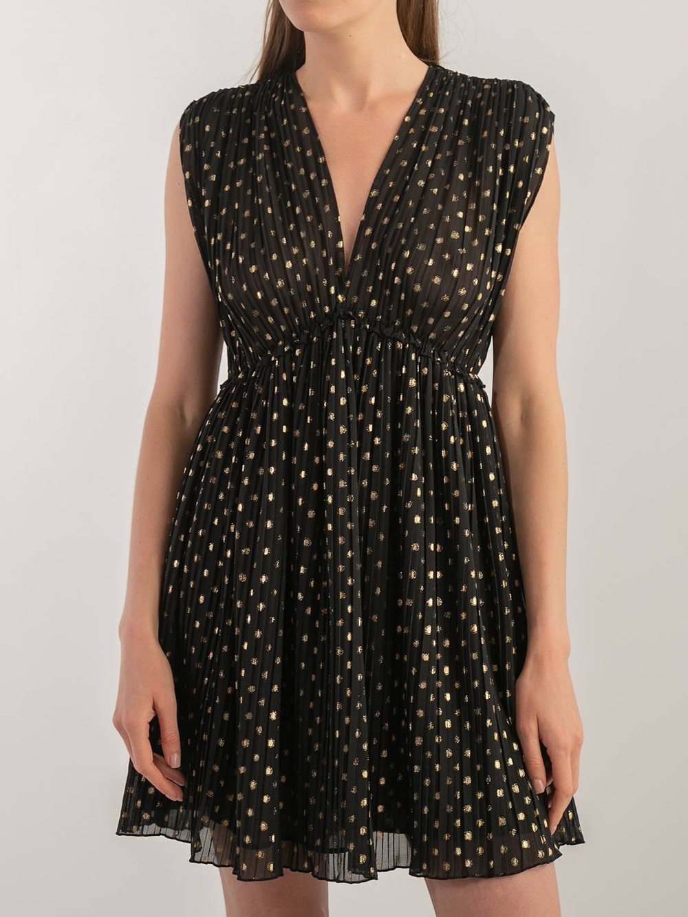 Zara Black & Metallic Gold Polka Dot Retro Style V-Neck Pleated Mini Dress MED